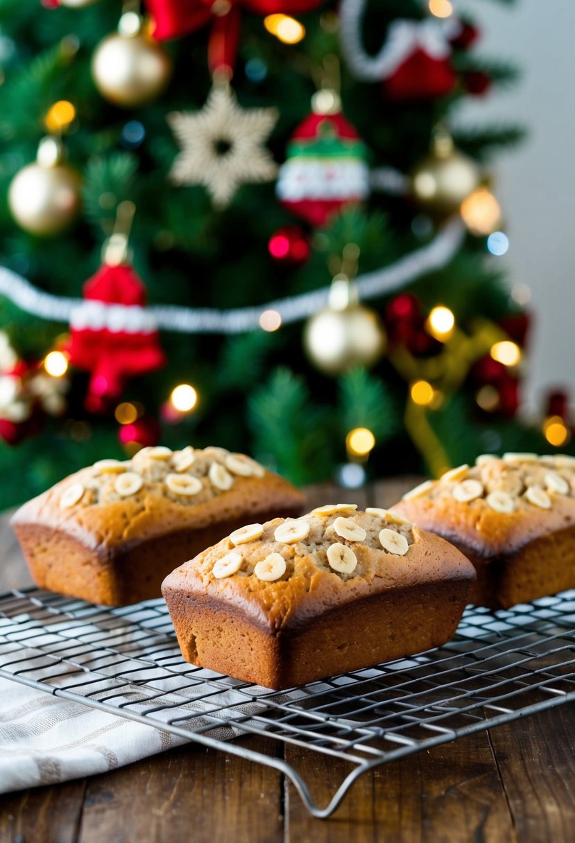 Three Banana Nut Mini Loaves cooling on a wire rack with festive Christmas decorations in the background