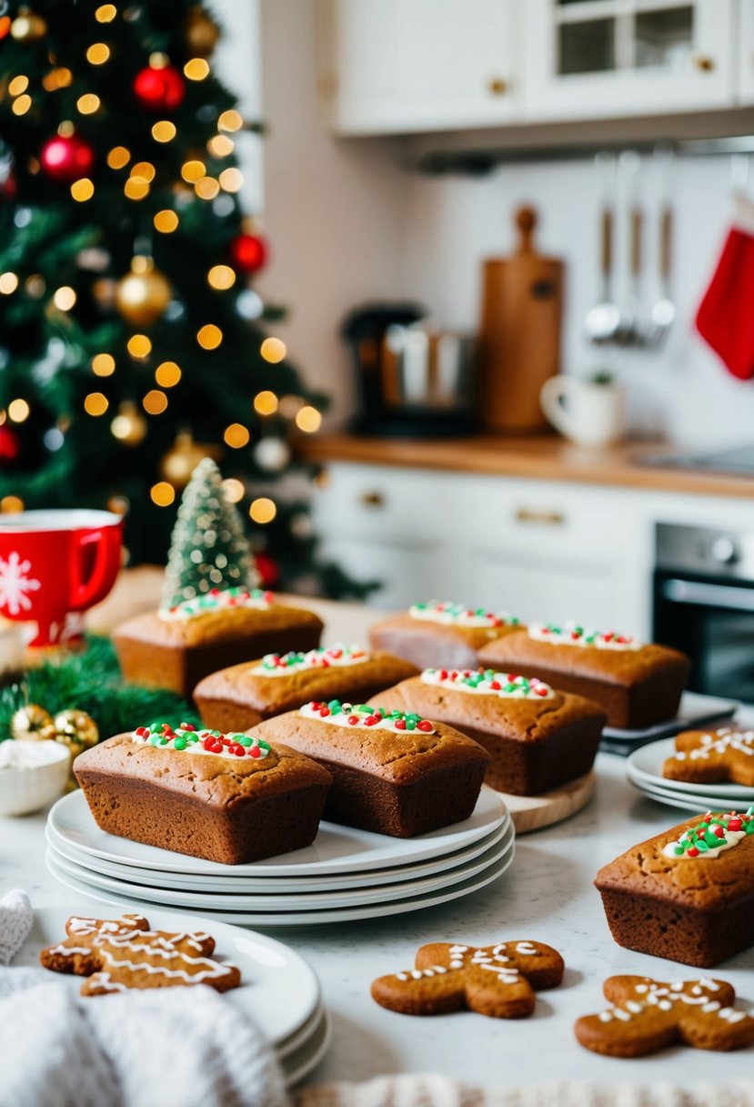 A cozy kitchen with a festive table setting, featuring freshly baked gingerbread mini loaves and holiday decorations