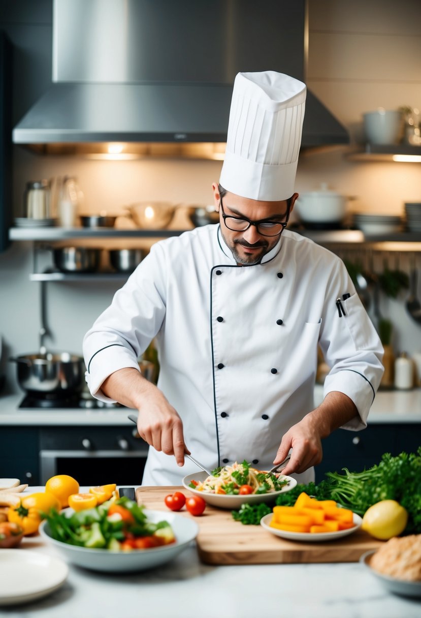 A chef quickly prepares a variety of dinner recipes using fresh ingredients and a well-organized kitchen