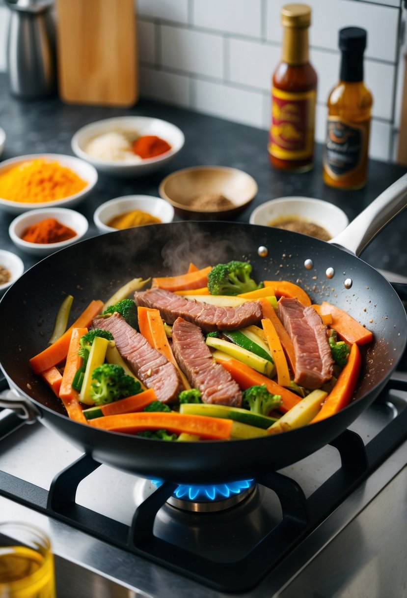 A sizzling wok filled with colorful vegetables and strips of meat, surrounded by various spices and sauces on a kitchen counter