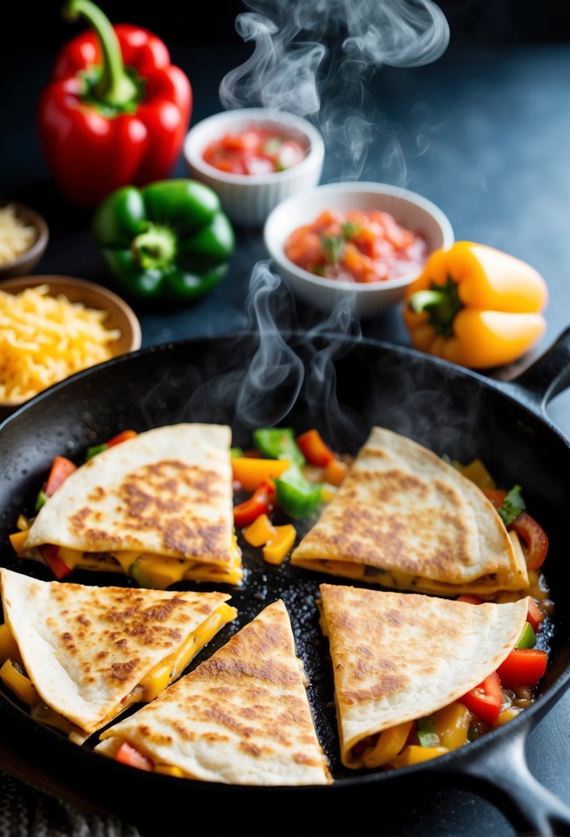 A sizzling skillet with golden-brown quesadillas, steam rising, surrounded by colorful ingredients like peppers, cheese, and salsa