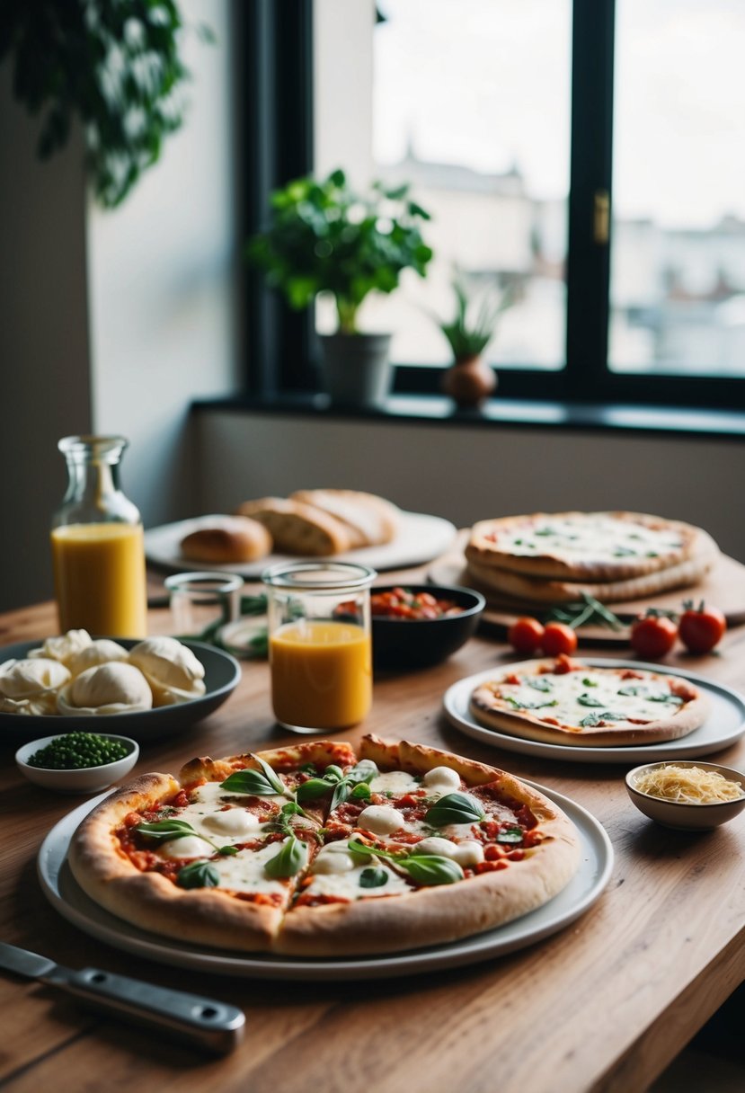 A table set with French bread pizza ingredients and kitchen tools