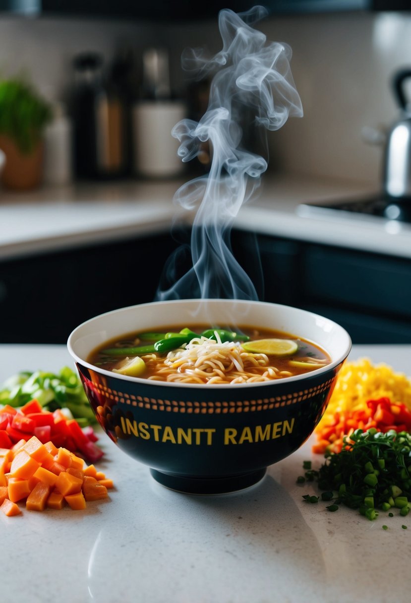 A steaming bowl of instant ramen surrounded by colorful, chopped vegetables on a kitchen counter