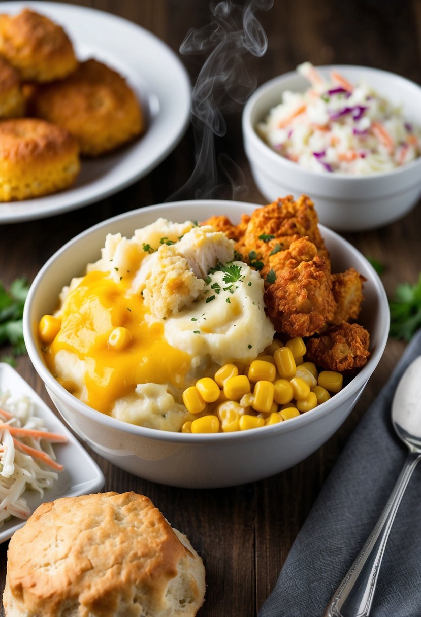 A steaming bowl filled with mashed potatoes, corn, crispy chicken, and melted cheese, surrounded by a side of coleslaw and a biscuit