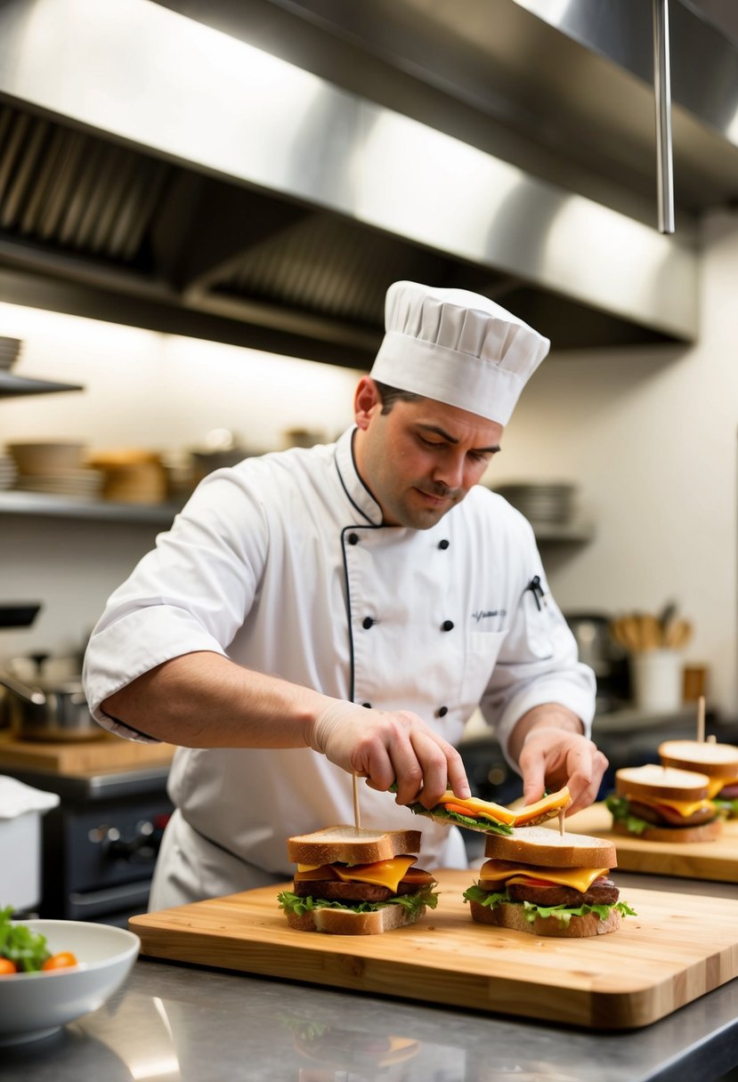 A chef swiftly assembles BLT sandwiches in a bustling kitchen