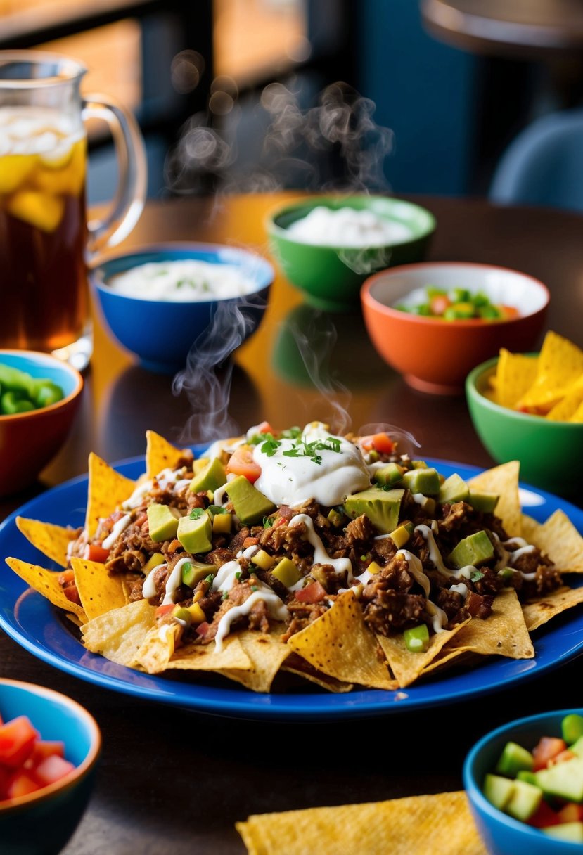 A steaming plate of loaded nachos sits on a table, surrounded by colorful bowls of toppings and a pitcher of cold drinks