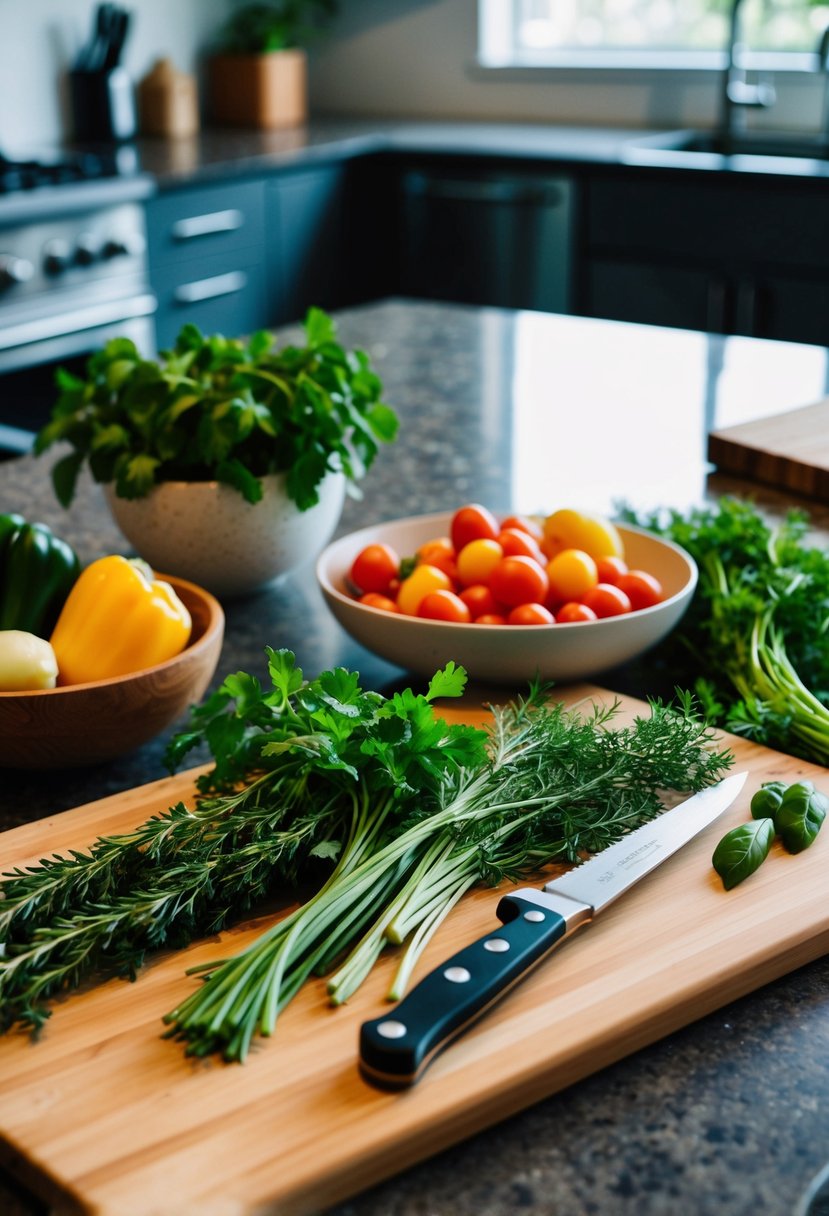 A wooden cutting board with various fresh herbs, a knife, and a bowl of vegetables on a kitchen counter