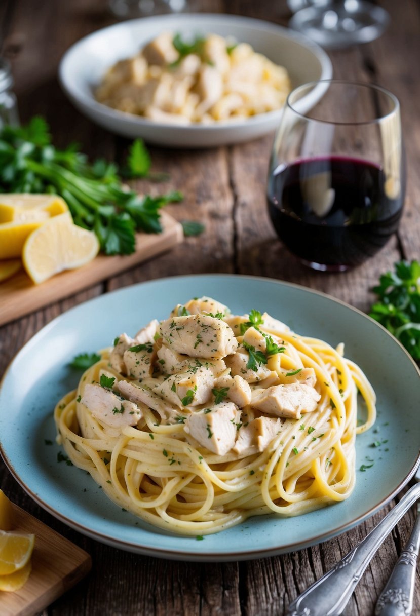 A steaming plate of creamy Chicken Alfredo Pasta on a rustic wooden table, surrounded by fresh ingredients and a glass of wine