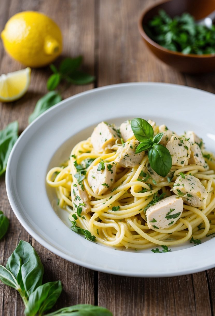 A plate of lemon basil chicken pasta with fresh herbs on a wooden table