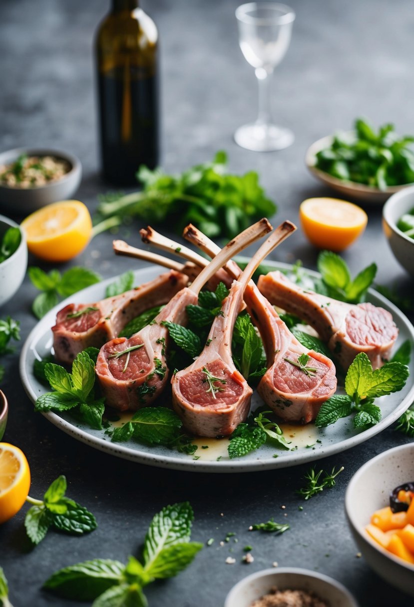 A platter of minty lamb chops surrounded by fresh herbs and ingredients for dinner