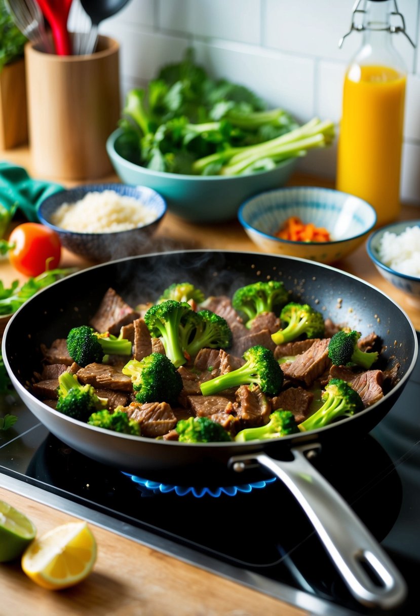 A sizzling skillet of beef and broccoli stir-fry, surrounded by colorful ingredients and cooking utensils on a kitchen counter