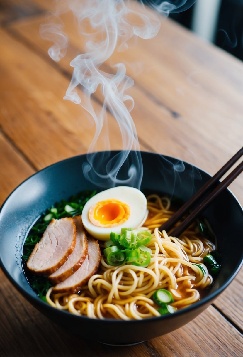 A steaming bowl of ramen noodles with a soft-boiled egg, garnished with green onions and sliced pork, sits on a wooden table