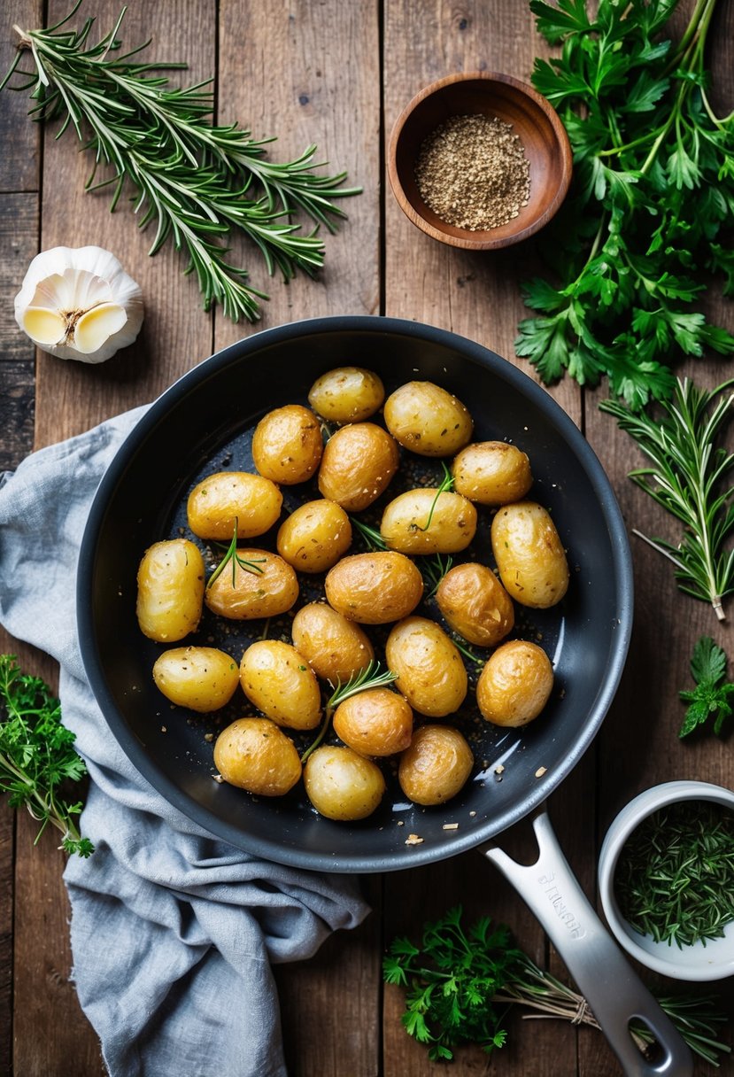 A pan of rosemary garlic roasted potatoes sits on a rustic wooden table, surrounded by fresh herbs and ingredients for a delicious dinner