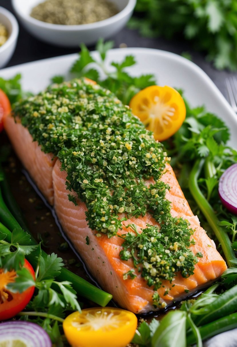 A succulent salmon fillet coated in a vibrant green herb crust, resting on a bed of fresh herbs and surrounded by colorful dinner ingredients