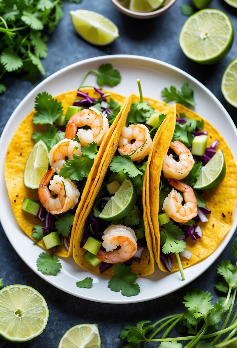 A colorful plate of cilantro lime shrimp tacos surrounded by fresh herbs and ingredients