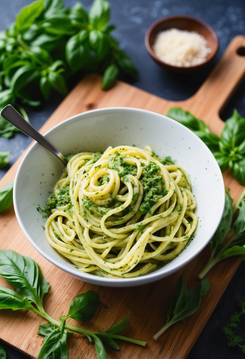 A bowl of basil pesto pasta surrounded by fresh herbs and ingredients on a wooden cutting board