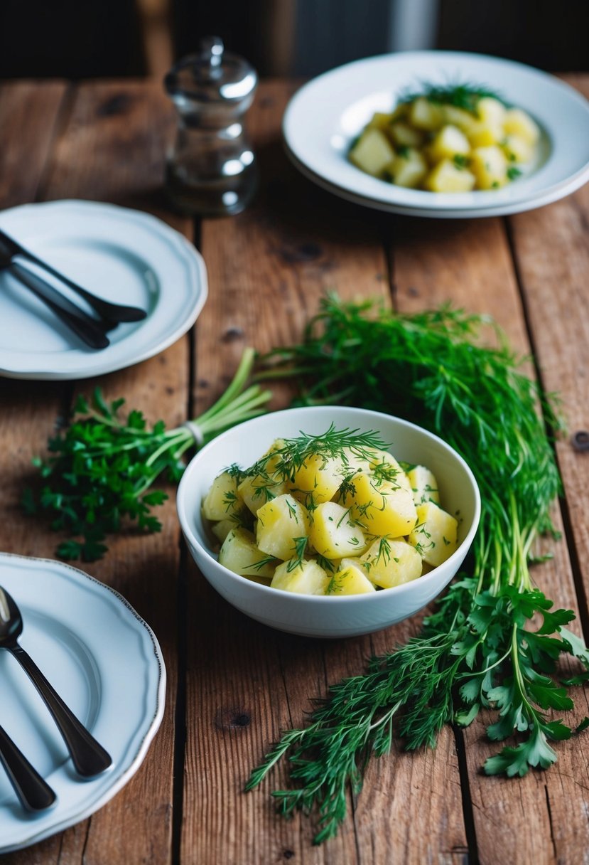 A rustic wooden table set with a bowl of dill-infused potato salad surrounded by fresh herbs and dinner plates