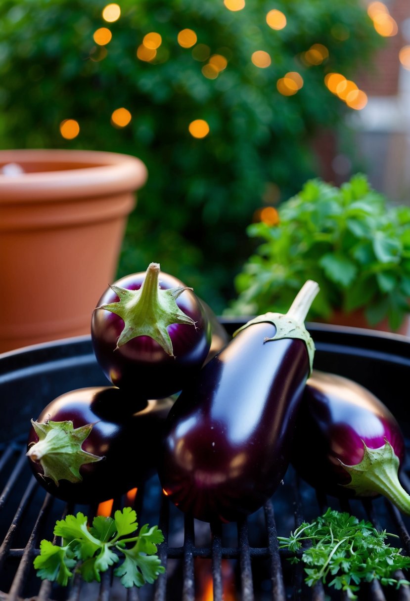 Fresh eggplants on a grill with herbs scattered around