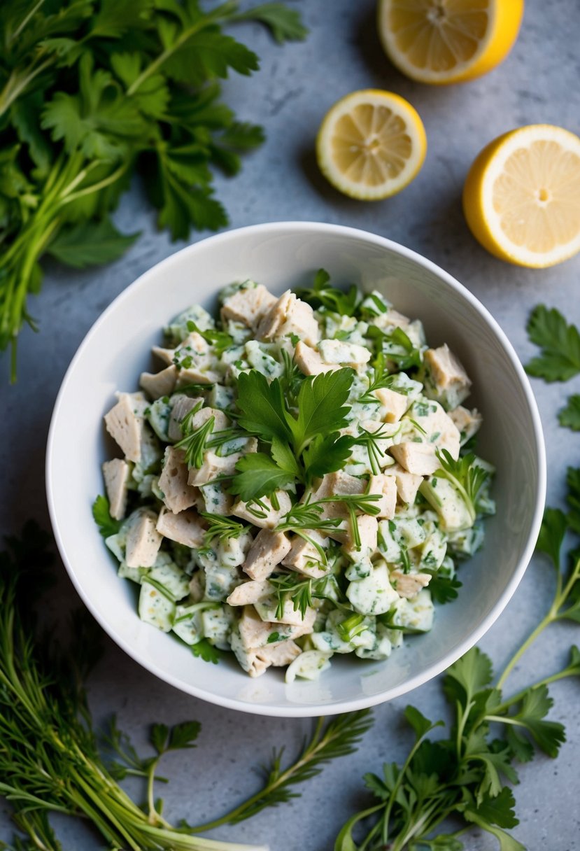 A bowl of tarragon chicken salad surrounded by fresh herbs and dinner ingredients