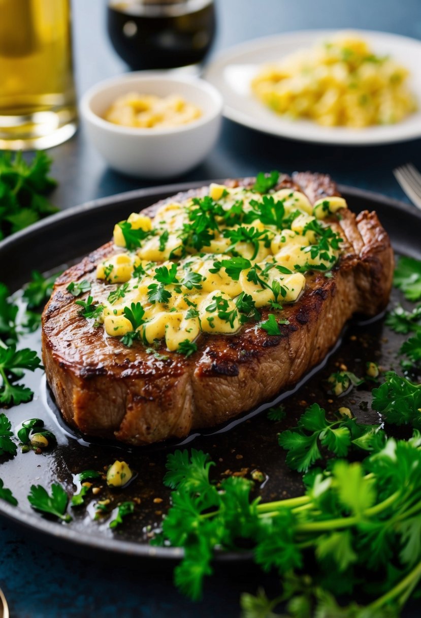 A sizzling steak coated in parsley garlic butter, surrounded by fresh herbs and set on a dinner table