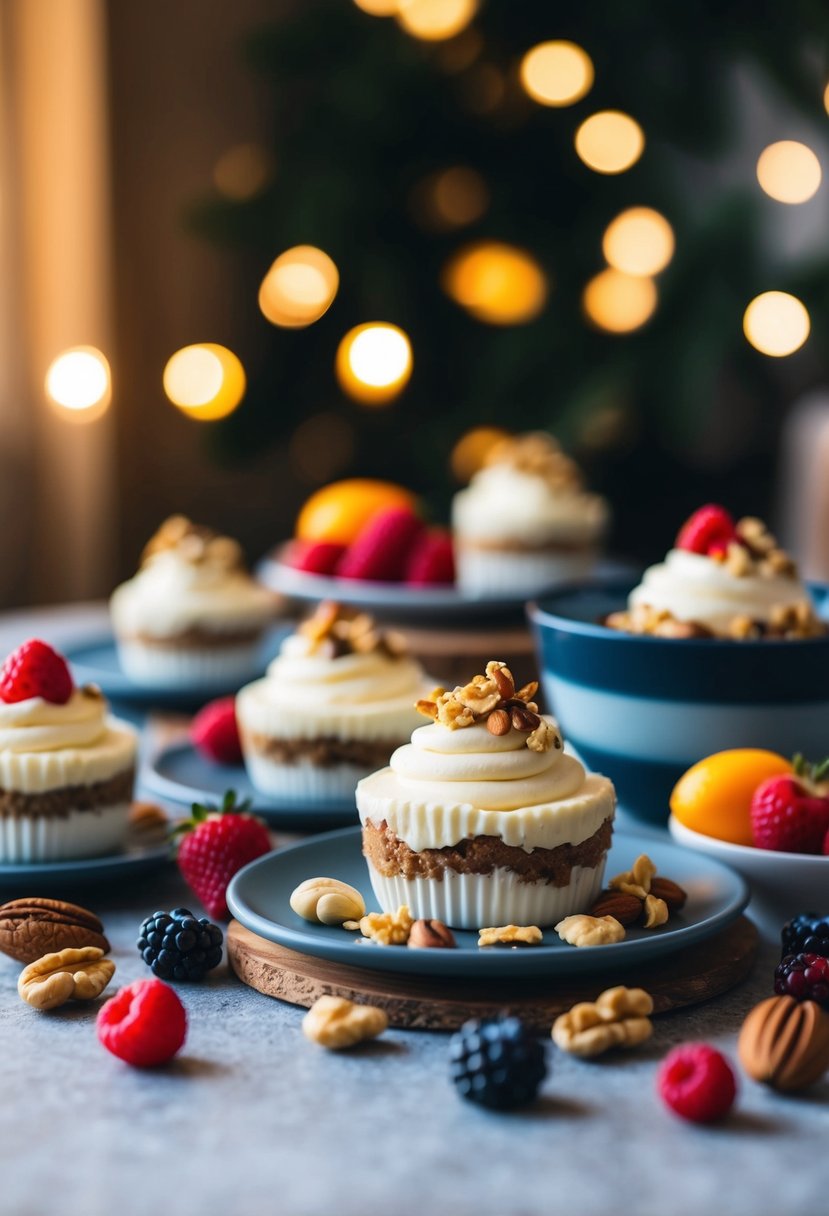 A table filled with keto cream cheese desserts, surrounded by fresh berries and nuts, with a warm and inviting ambiance