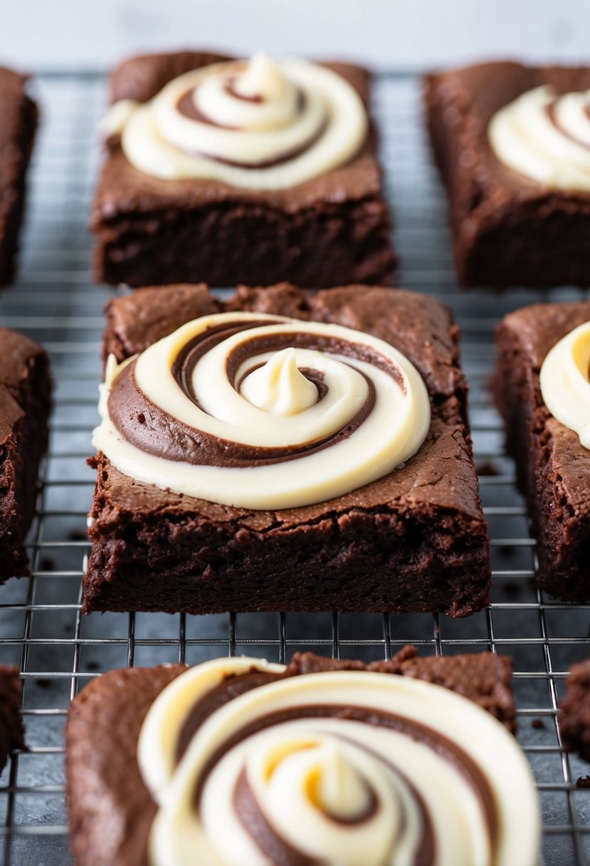 A pan of freshly baked low-carb chocolate cream cheese brownies cooling on a wire rack, with a rich, creamy texture and a decadent swirl of cream cheese on top