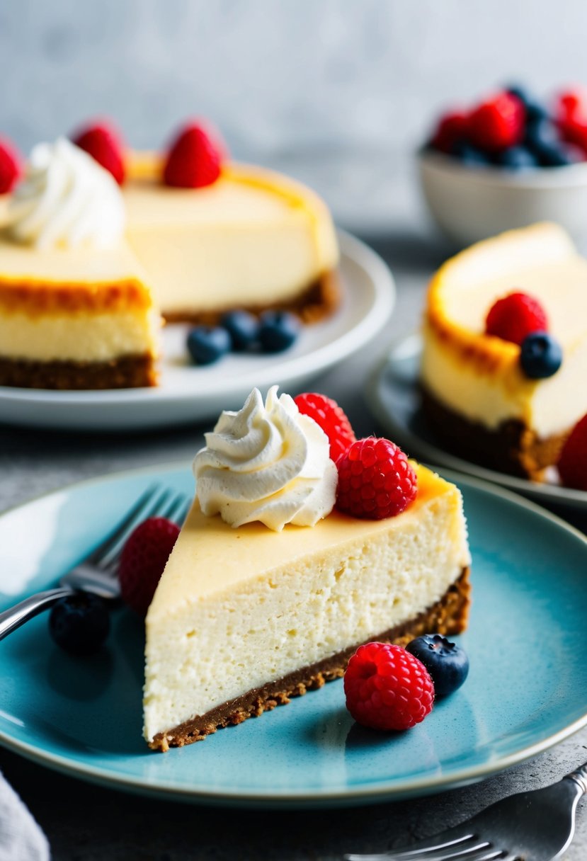 A slice of sugar-free keto cheesecake on a plate with a dollop of whipped cream and a sprinkle of fresh berries on top