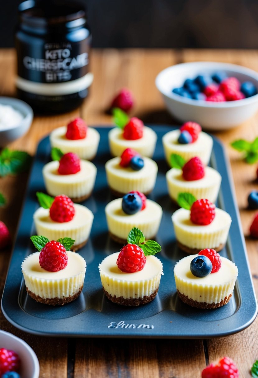 A tray of no-bake keto cheesecake bites arranged with berries and mint leaves for garnish