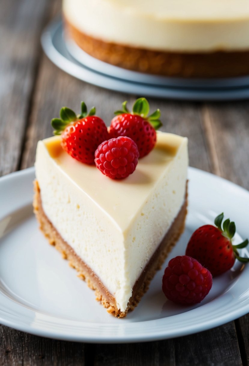 A slice of creamy vanilla cheesecake topped with fresh berries on a white plate