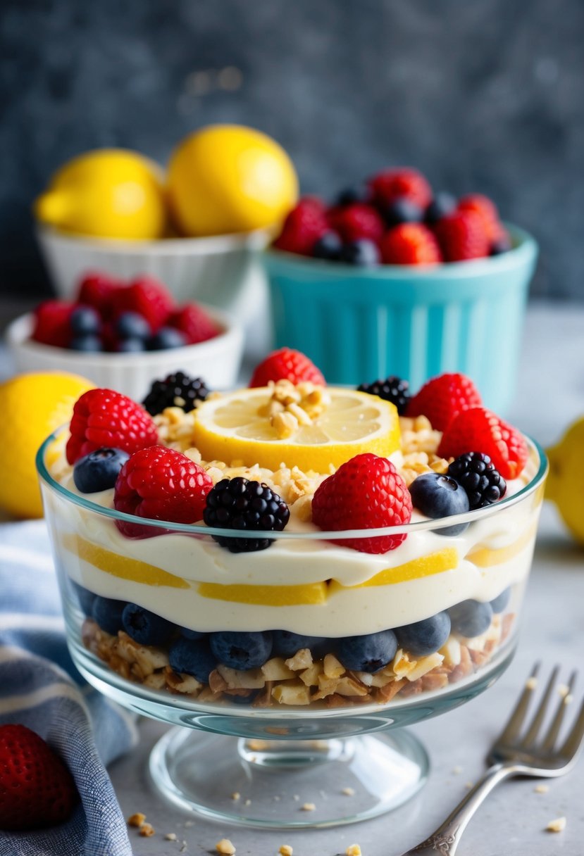 A colorful array of fresh berries and a creamy lemon-infused cream cheese filling layered in a clear glass dish, topped with a sprinkle of crushed nuts