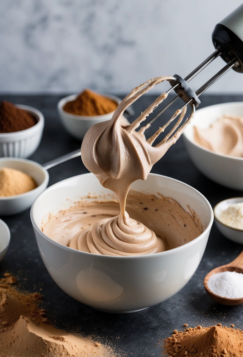 A bowl of keto chocolate cream cheese frosting being whipped with an electric mixer, surrounded by ingredients like cocoa powder and sweetener