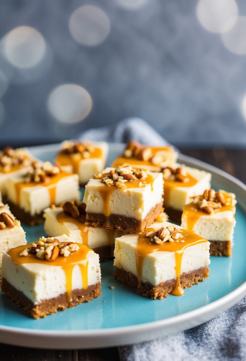 A platter of rich keto cheesecake bars with a creamy texture, topped with a drizzle of keto-friendly sauce and a sprinkle of crushed nuts