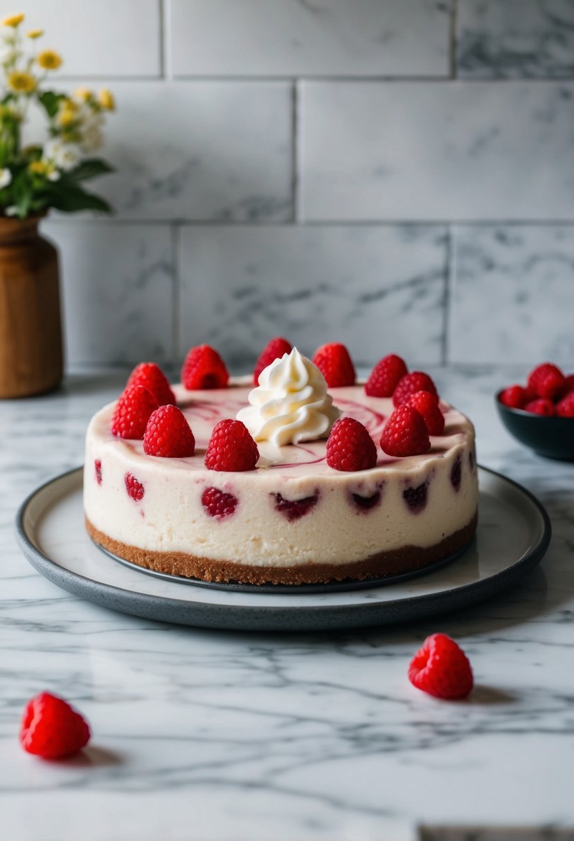 A keto raspberry swirl cheesecake sits on a marble countertop, garnished with fresh raspberries and a dollop of whipped cream