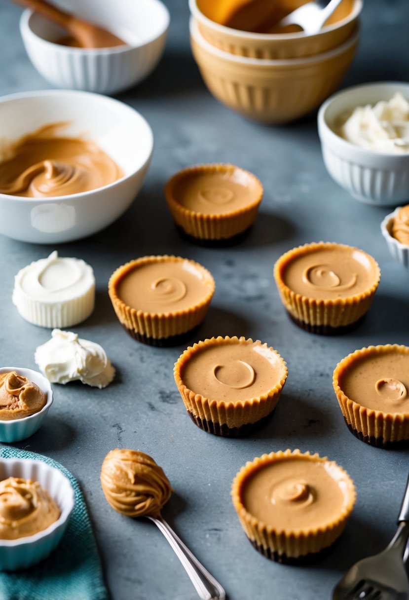 A table set with keto peanut butter cheesecake cups surrounded by ingredients like cream cheese and peanut butter, with a mixing bowl and utensils nearby