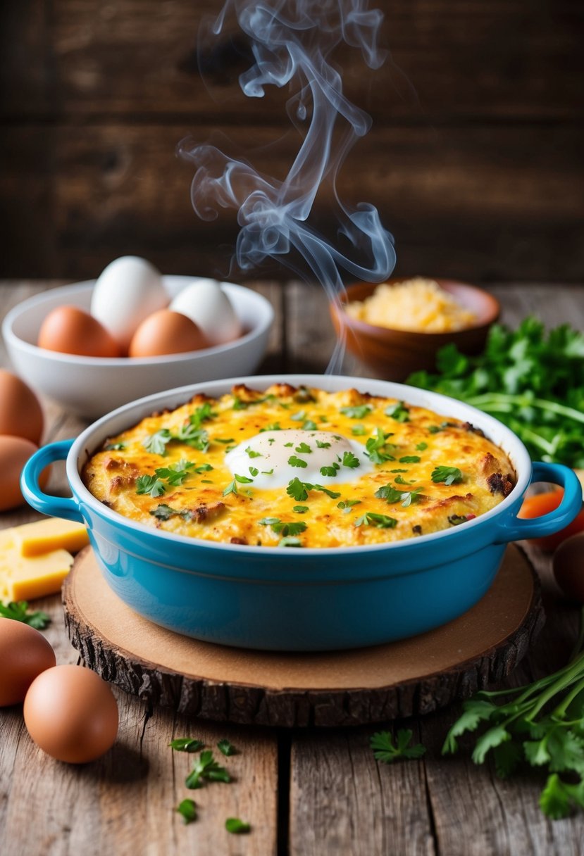 A steaming hot breakfast casserole sits on a rustic wooden table, surrounded by fresh ingredients like eggs, cheese, and vegetables