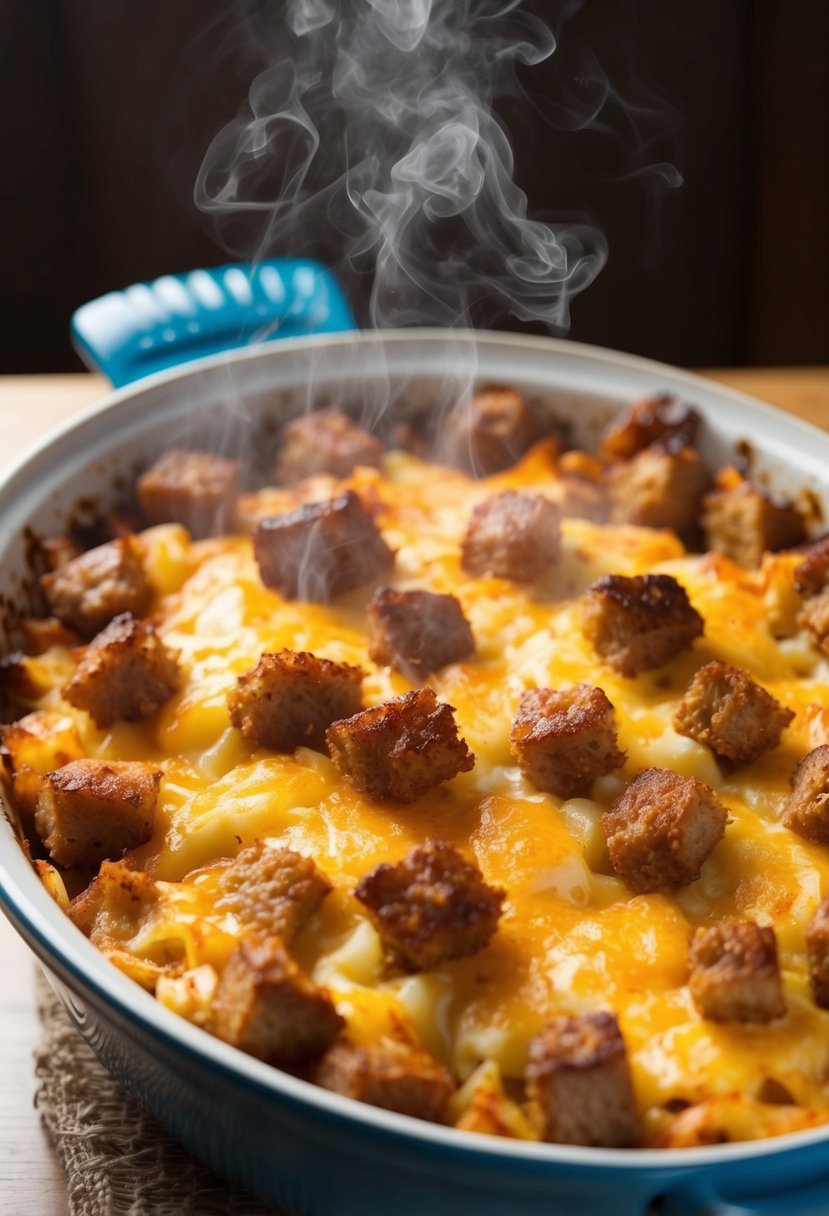 A sizzling casserole dish filled with golden-brown hashbrowns, chunks of savory sausage, and melted cheese, emitting a mouthwatering aroma