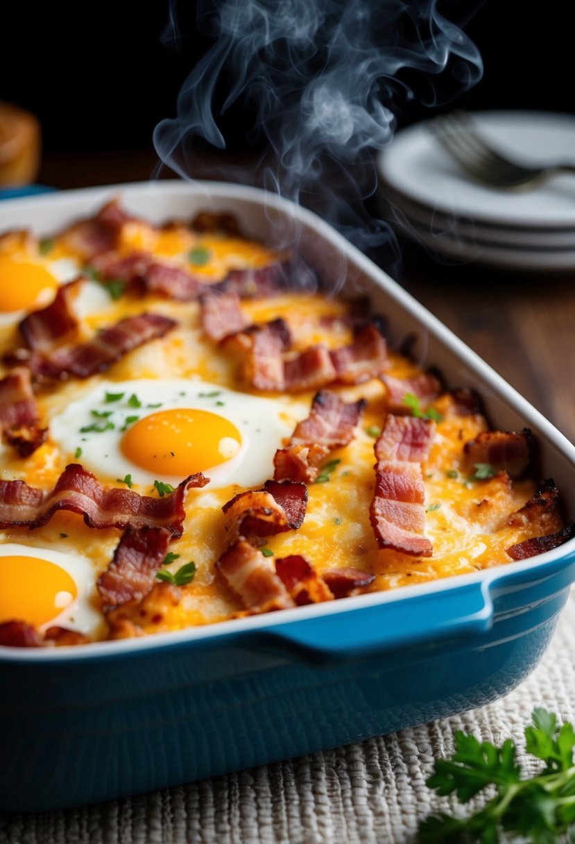 A sizzling hot casserole dish filled with layers of bacon, egg, and cheese, emitting a mouth-watering aroma