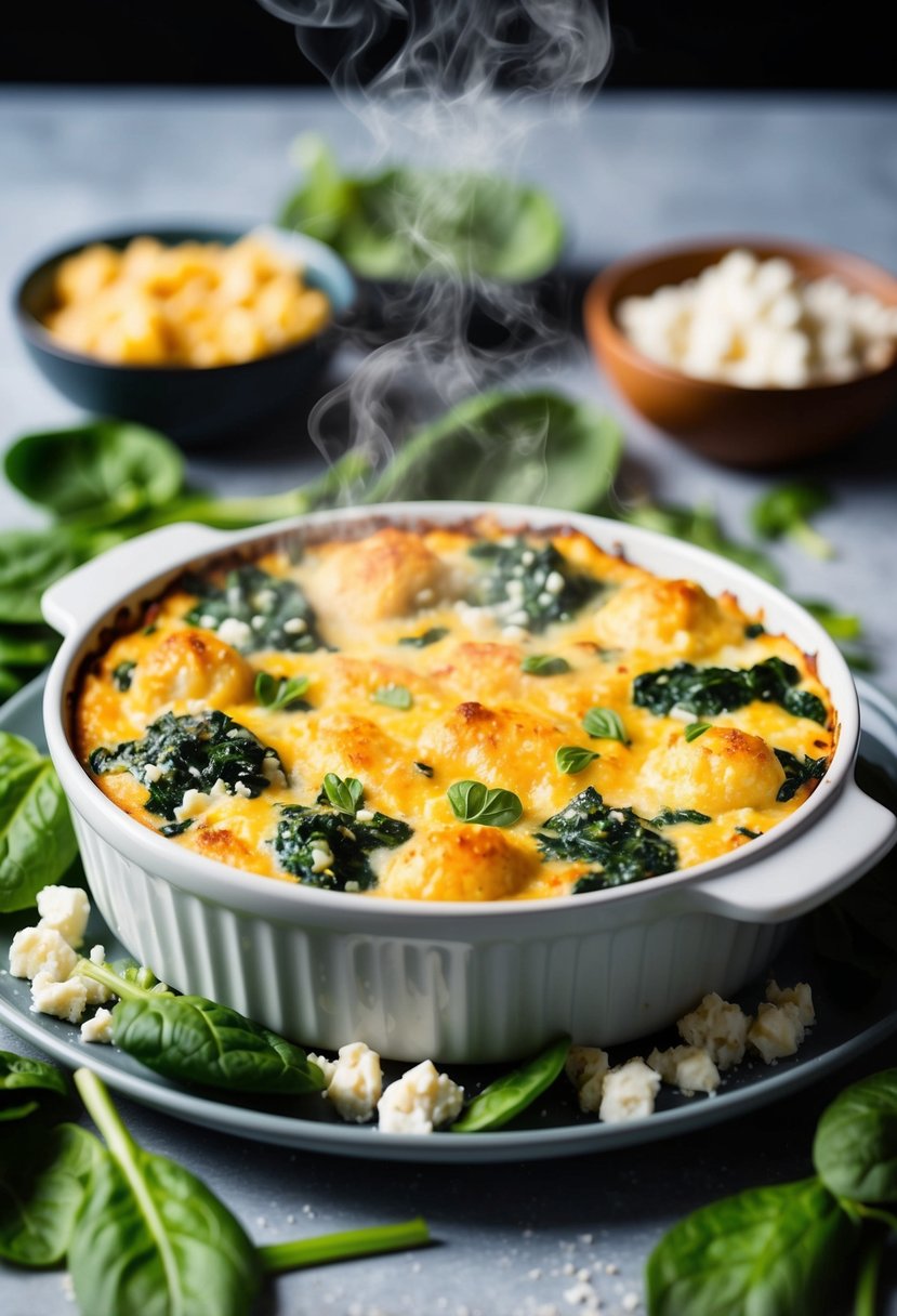 A steaming hot casserole dish filled with a golden-brown spinach and feta morning glory breakfast casserole, surrounded by fresh ingredients like spinach leaves and crumbled feta cheese