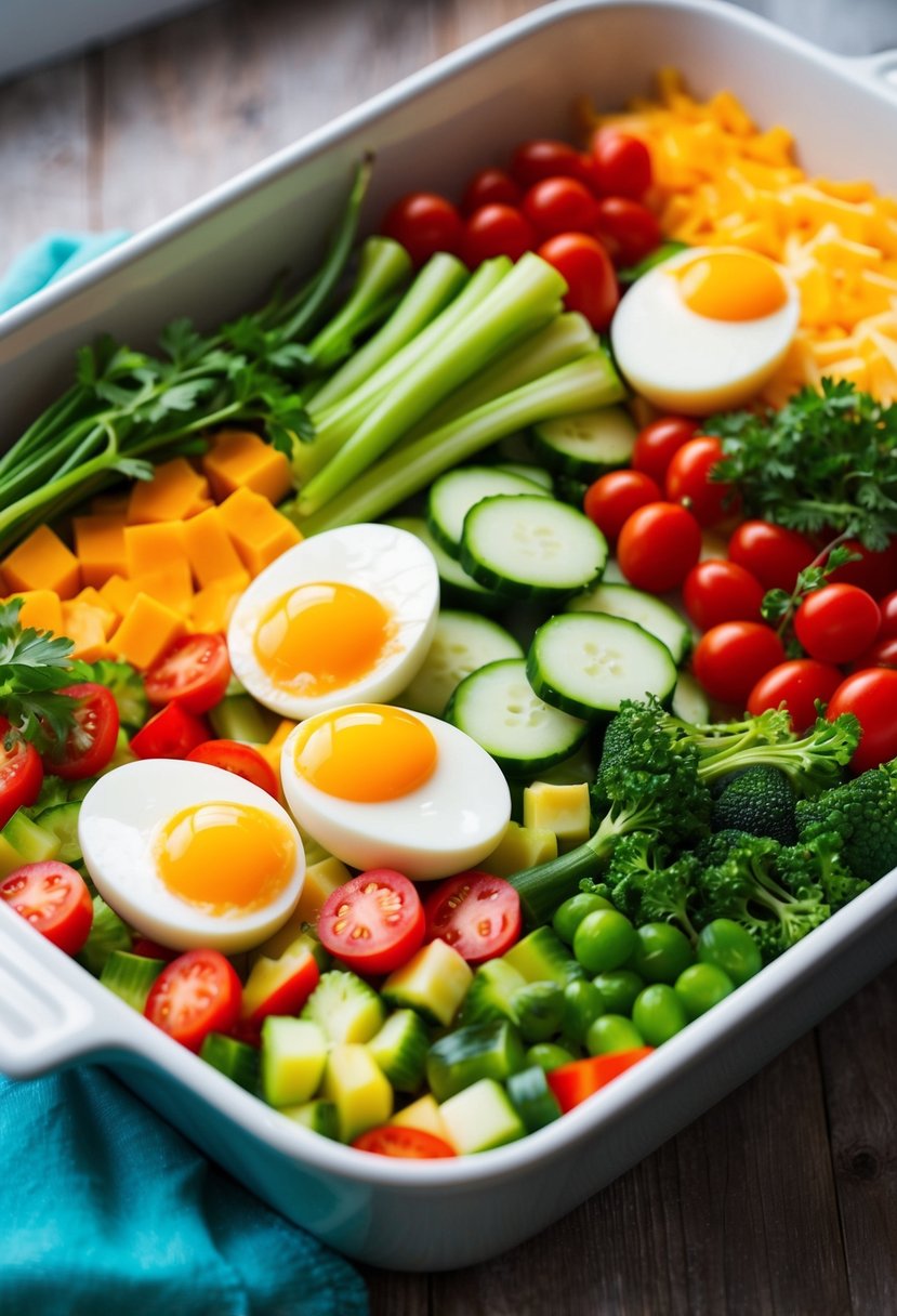 A colorful array of fresh vegetables, eggs, and cheese arranged in a baking dish, ready to be cooked into a delicious breakfast casserole