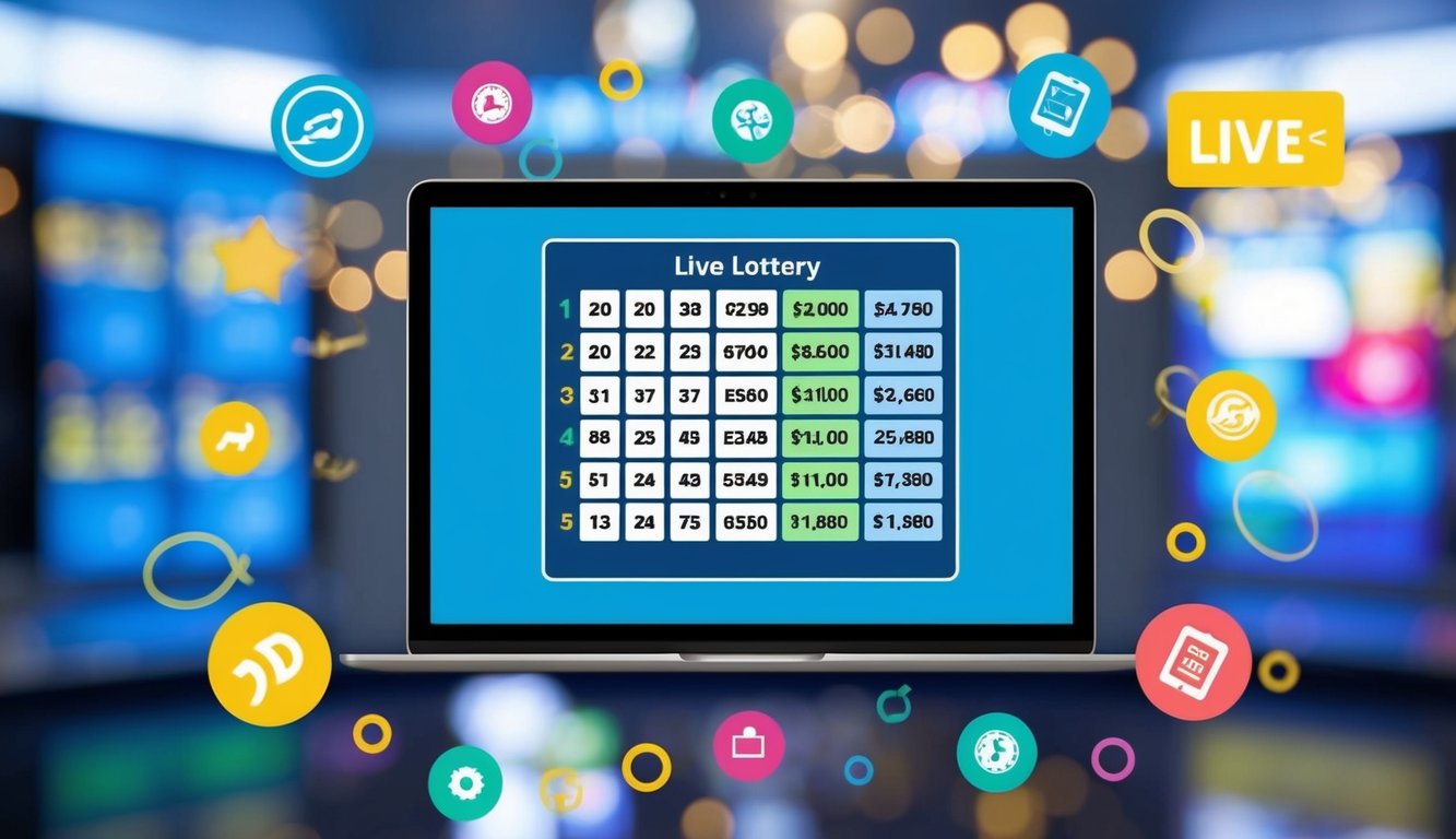 Sebuah layar digital yang menampilkan hasil undian lotere langsung di platform online, dikelilingi oleh grafik dan simbol berwarna-warni