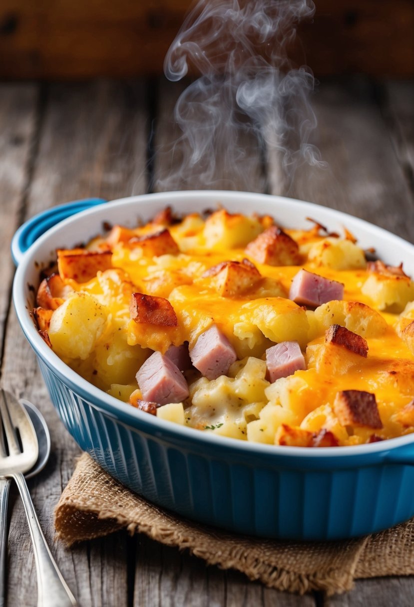 A steaming casserole dish filled with layers of cheesy potatoes, chunks of savory ham, and a golden brown crust, sitting on a rustic wooden table