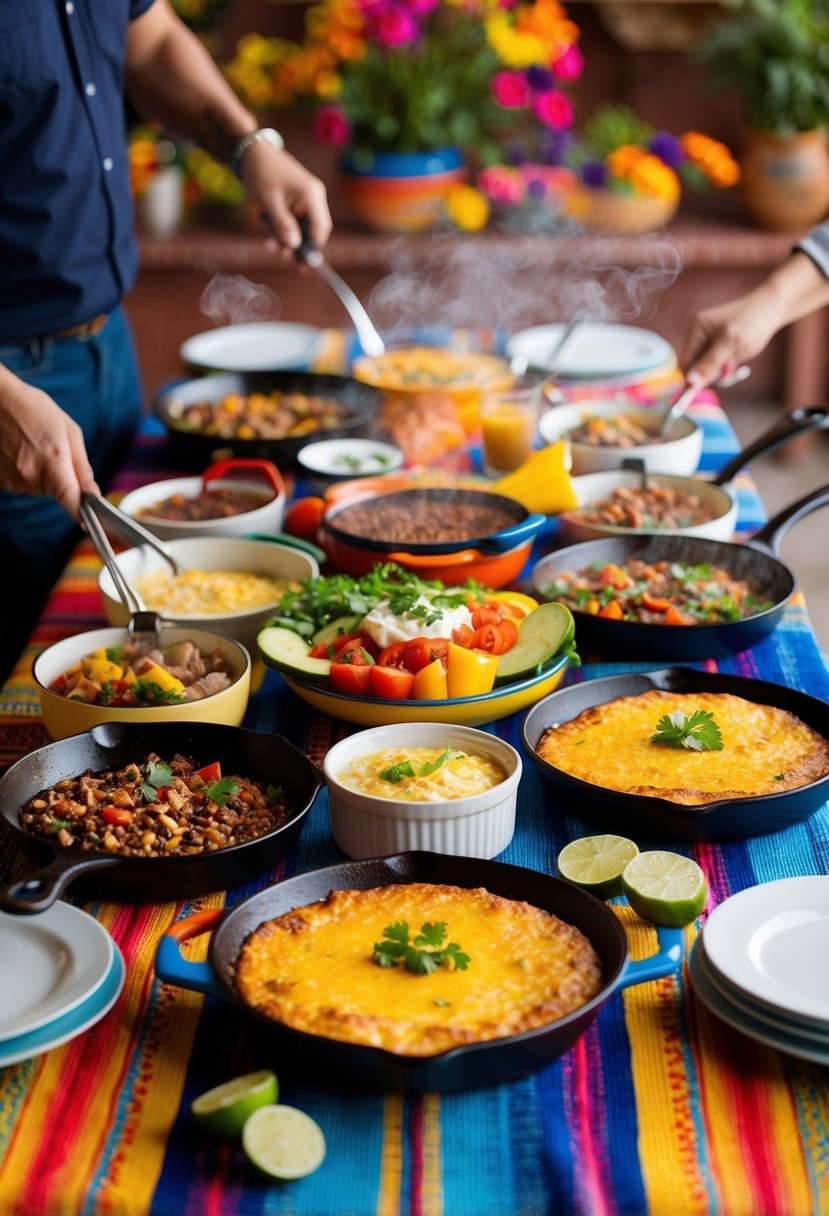 A colorful table spread with sizzling skillets, fresh ingredients, and steaming casserole dishes at a Southwestern breakfast fiesta