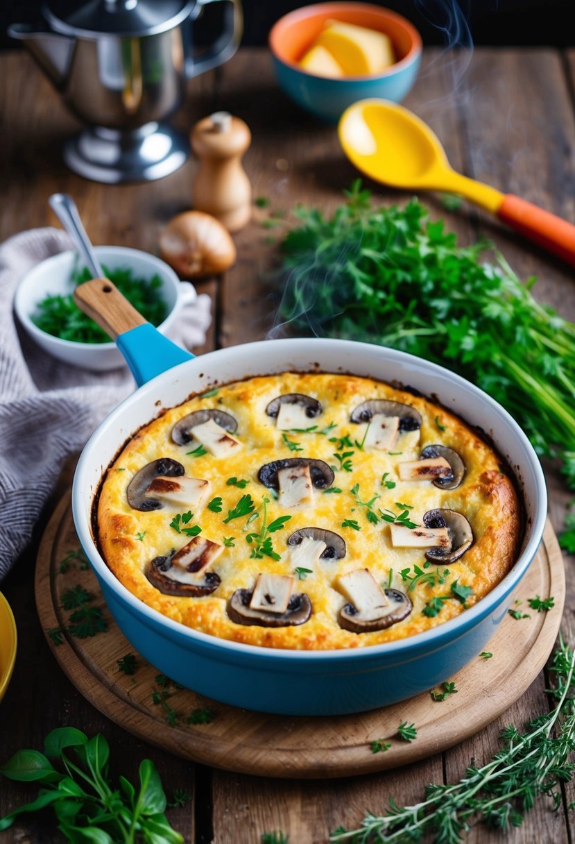 A steaming Mushroom and Swiss Brunch Bake sits on a rustic wooden table, surrounded by fresh herbs and colorful kitchen utensils