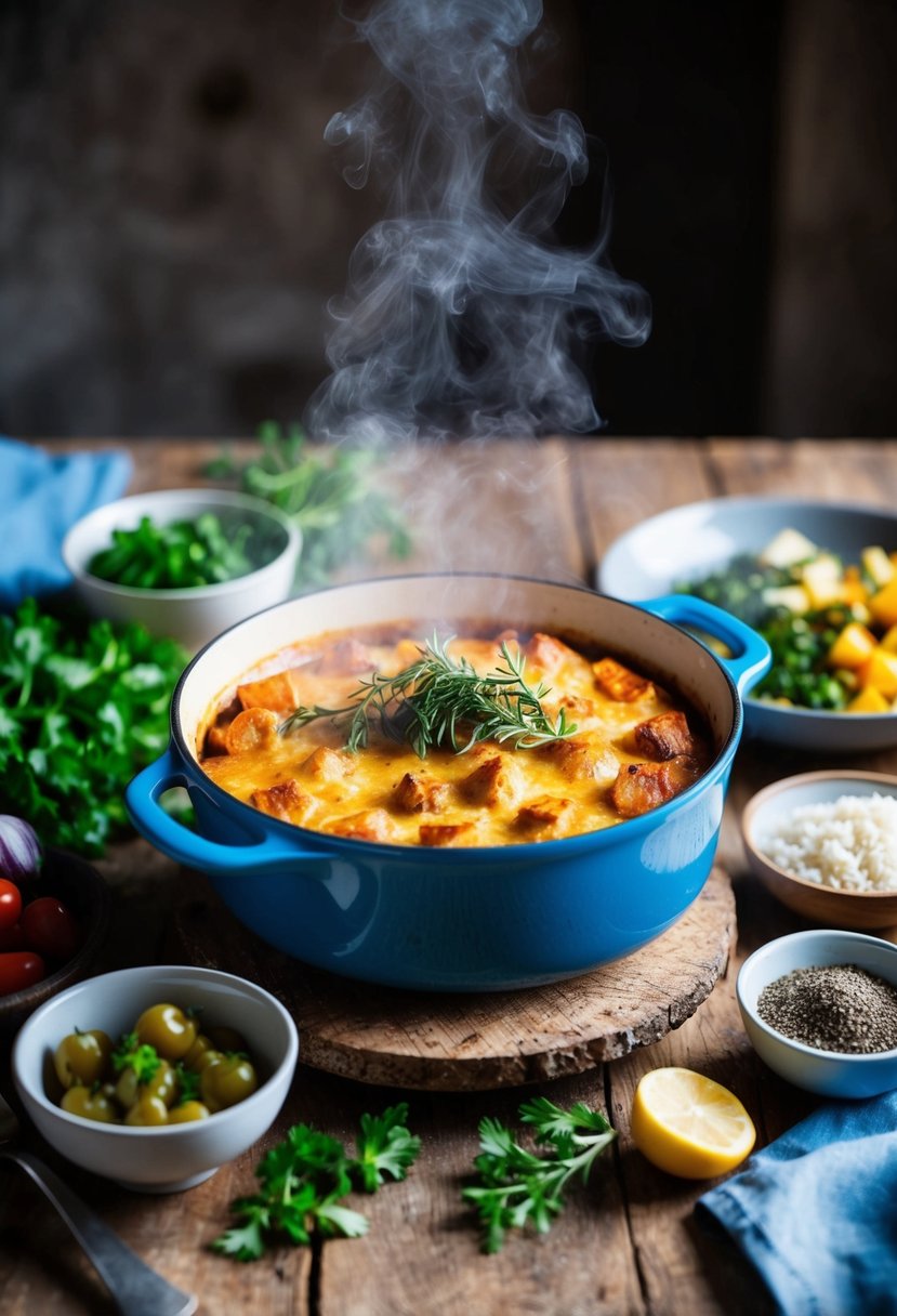 A steaming casserole dish surrounded by fresh Mediterranean ingredients on a rustic table