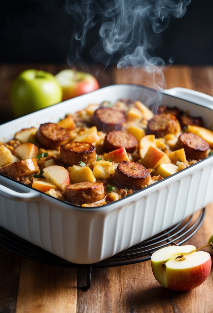 A steaming hot casserole dish filled with layers of maple sausage, apples, and savory ingredients, emitting a comforting aroma