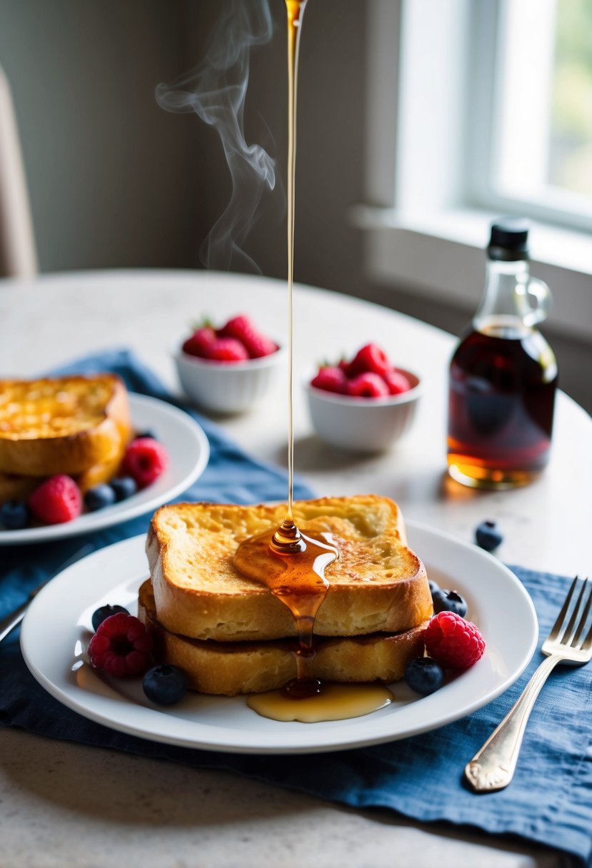 A table set with a steaming French Toast Bake, surrounded by fresh berries and a drizzle of maple syrup