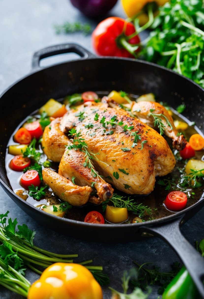 A sizzling skillet with juicy chicken, surrounded by fresh herbs and colorful vegetables