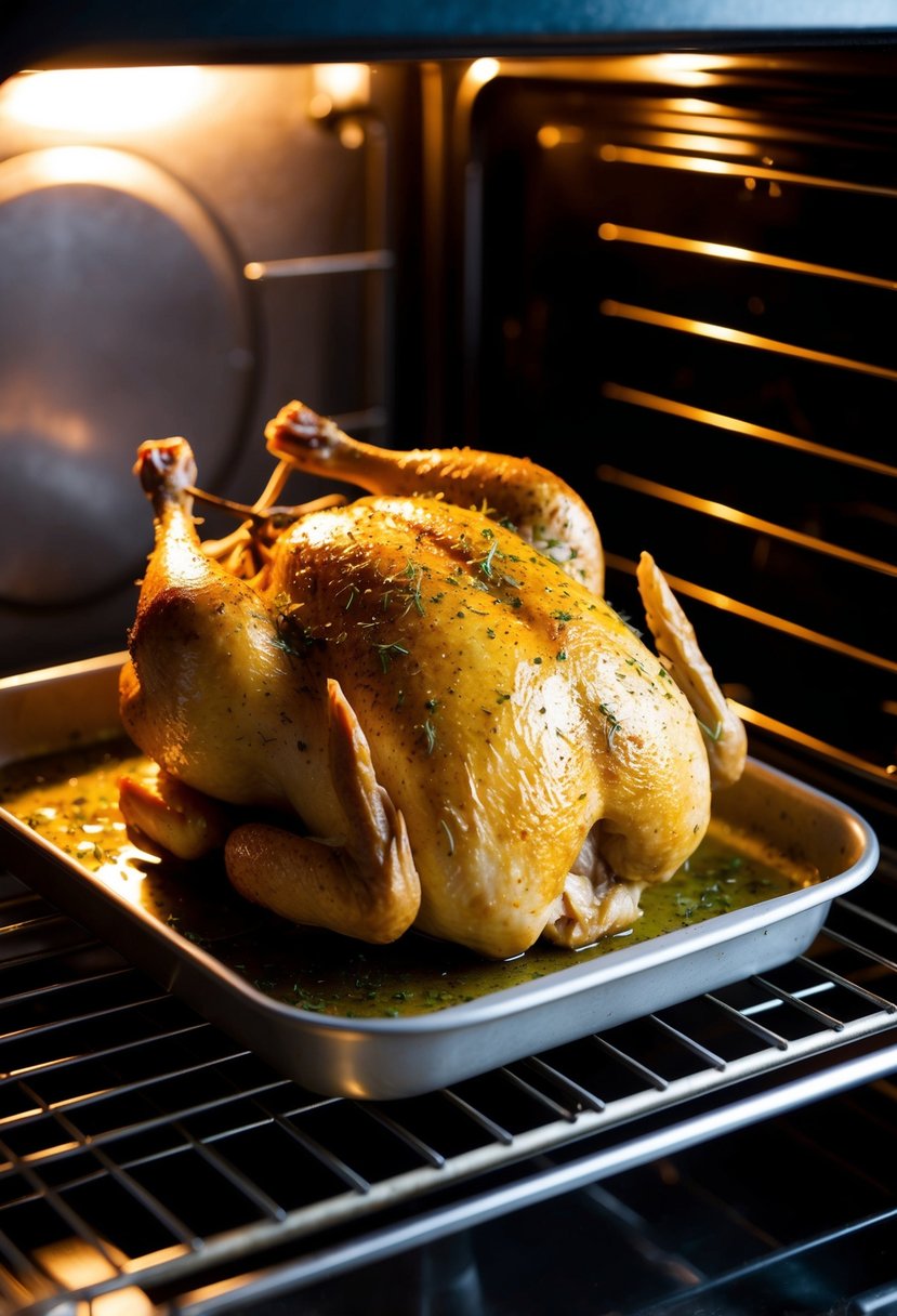 A whole chicken coated in olive oil and vinegar, seasoned with herbs, baking in a hot oven