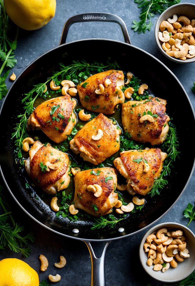 A sizzling skillet holds golden-brown chicken pieces, surrounded by vibrant green herbs, and sprinkled with crunchy cashews