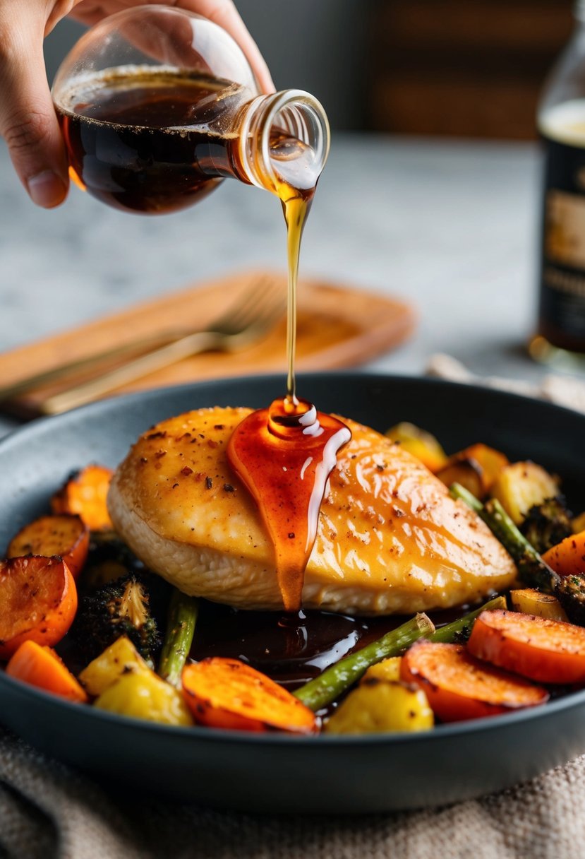 A golden-brown chicken breast drizzled with maple syrup on a bed of roasted vegetables